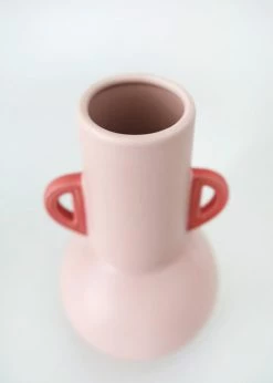 Afloral Pink Floral Vase With Coral Handles - 10.75"