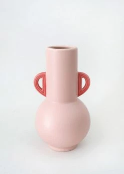 Afloral Pink Floral Vase With Coral Handles - 10.75"