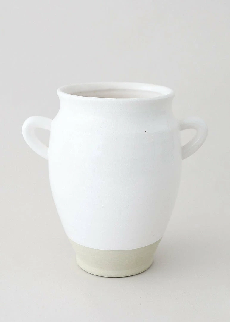 Afloral White Ceramic Urn Vase With Handles - 9.5"