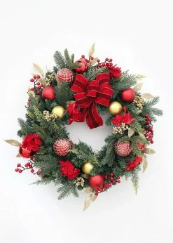 Afloral Red And Gold Decorated Pine Christmas Wreath - 24" Artificial Plants