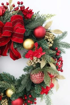 Afloral Red And Gold Decorated Pine Christmas Wreath - 24" Artificial Plants